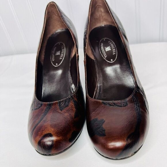 Cuoieria Fiorentina Italy Tuscan Sz 8.5 Heels Chocolate Brown Leather Floral - Picture 8 of 11